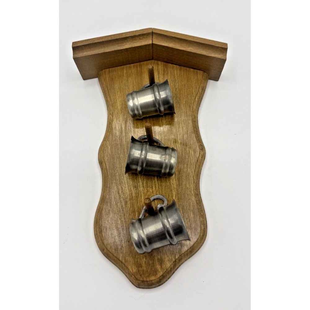 Vintage Zinn German Pewter Shooters With Wooden Wall Rack Set Of 3, 9.25"